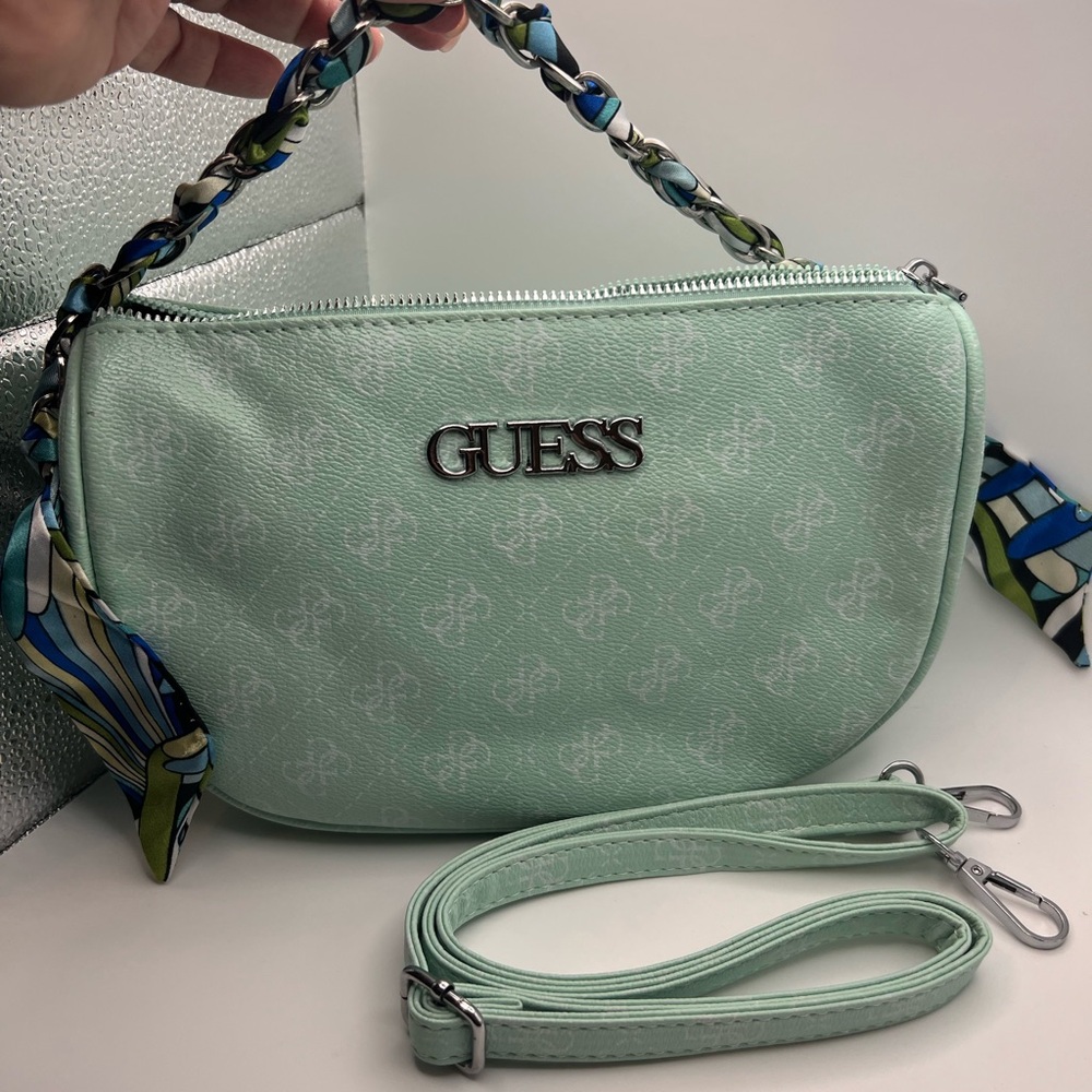 GUESS Mint Green Logo Jacquard Shoulder Bag with Multicolor Scarf Detail